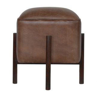 Brown Leather Footstool with Solid Wood Legs