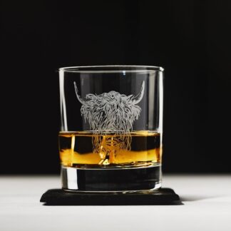 Highland Cow Engraved Style Glass Tumbler with Slate Coaster Gift Set